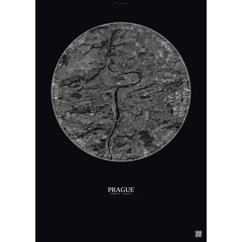 Affiche Prague – Poster vue satellite 10km N&B | Gravura – Fond foncé