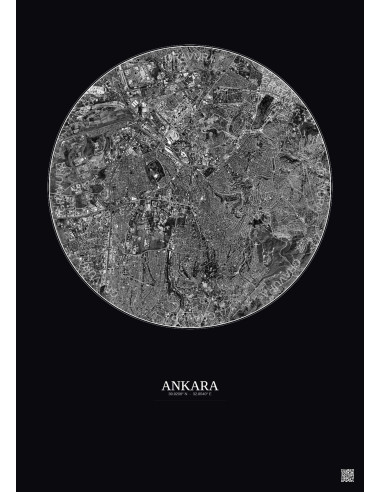 Affiche Ankara – Poster vue satellite 6km N&B | Gravura – Fond foncé