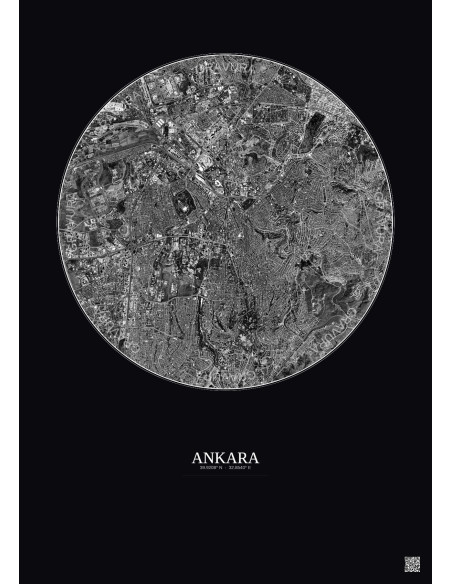 Affiche Ankara – Poster vue satellite 6km N&B | Gravura – Fond foncé