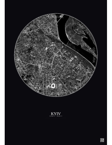 Affiche Kyiv – Poster vue satellite 2.5km N&B | Gravura – Fond foncé