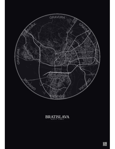 Affiche Bratislava – Poster carte de ville 6km | Gravura – Fond foncé
