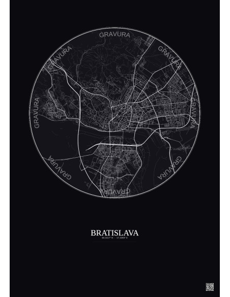 Affiche Bratislava – Poster carte de ville 6km | Gravura – Fond foncé