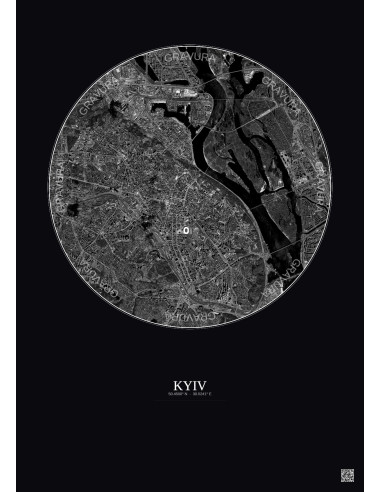 Affiche Kyiv – Poster vue satellite 6km N&B | Gravura – Fond foncé