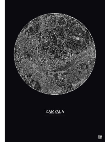 Affiche Kampala – Poster vue satellite 2.5km N&B | Gravura – Fond foncé