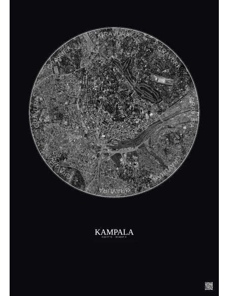 Affiche Kampala – Poster vue satellite 2.5km N&B | Gravura – Fond foncé