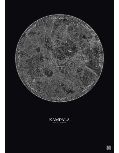Affiche Kampala – Poster vue satellite 6km N&B | Gravura – Fond foncé