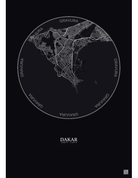 Affiche Dakar – Poster carte de ville 10km | Gravura – Fond foncé