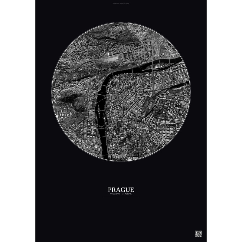 Affiche Prague – Poster vue satellite 2.5km N&B | Gravura – Fond foncé