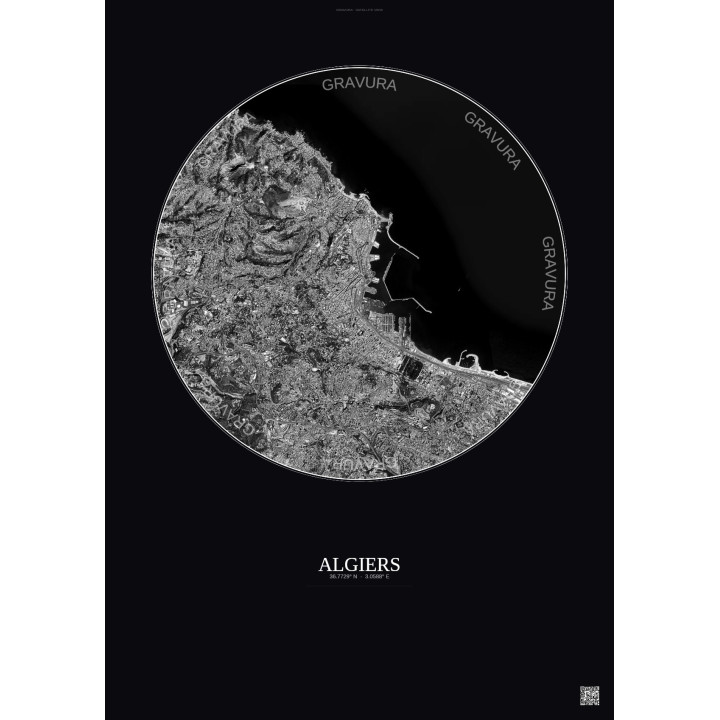 Affiche Algiers – Poster vue satellite 6km N&B | Gravura – Fond foncé