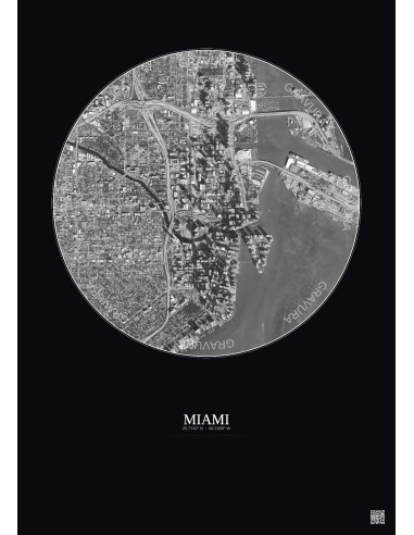 Affiche Miami – Poster vue satellite 2.5km N&B | Gravura – Fond foncé