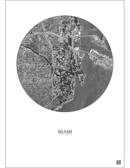 Affiche Miami – Poster vue satellite 2.5km N&B | Gravura – Fond clair