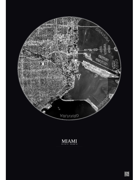 Affiche Miami – Poster vue satellite 5km N&B | Gravura – Fond foncé