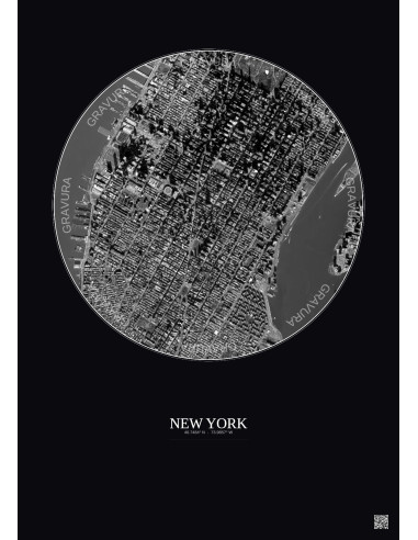 Affiche New York – Poster vue satellite 2.5km N&B | Gravura – Fond foncé