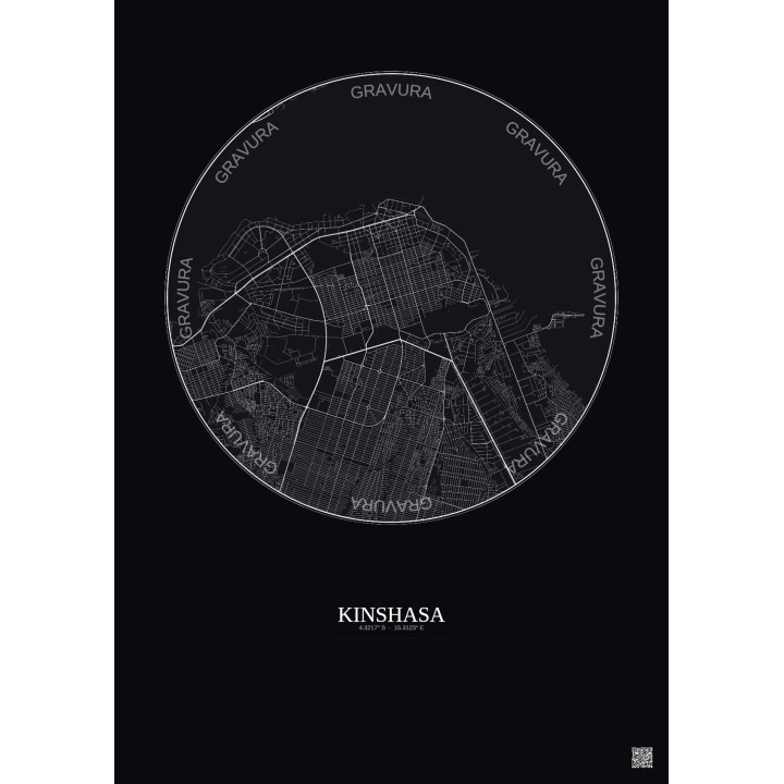 Affiche Kinshasa – Poster carte de ville 6km | Gravura – Fond foncé