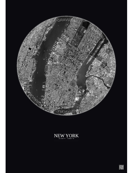 New York Satellite View Poster 5km B&W | Gravura – Dark background