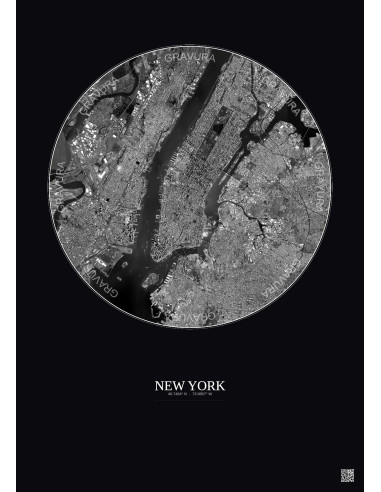 Affiche New York – Poster vue satellite 10km N&B | Gravura – Fond foncé