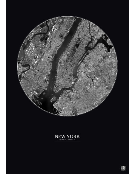 Affiche New York – Poster vue satellite 10km N&B | Gravura – Fond foncé