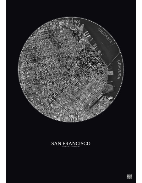 Affiche San Francisco – Poster vue satellite 2.5km N&B | Gravura – Fond foncé