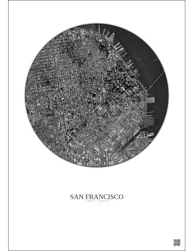 Affiche San Francisco – Poster vue satellite 2.5km N&B | Gravura – Fond clair