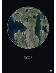 Seattle Satellite View Poster 10km Color | Gravura – Dark background
