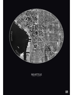 Seattle Satellite View Poster 2.5km B&W | Gravura – Dark background
