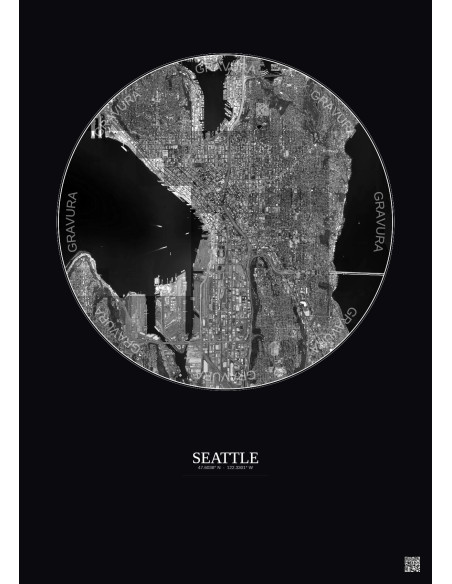 Affiche Seattle – Poster vue satellite 5km N&B | Gravura – Fond foncé