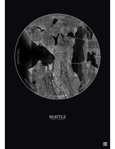 Seattle Satellite View Poster 10km B&W | Gravura – Dark background
