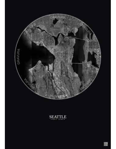 Affiche Seattle – Poster vue satellite 10km N&B | Gravura – Fond foncé