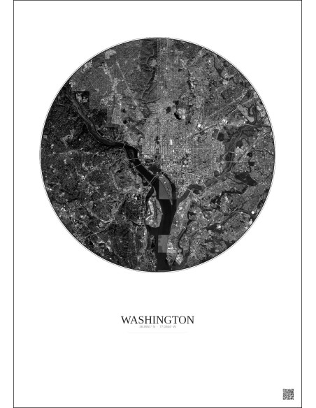 Affiche Washington – Poster vue satellite 10km N&B | Gravura – Fond clair