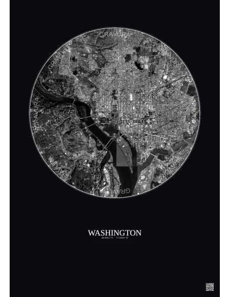 Washington Satellite View Poster 6km B&W | Gravura – Dark background