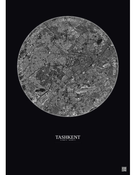Affiche Tashkent – Poster vue satellite 10km N&B | Gravura – Fond foncé