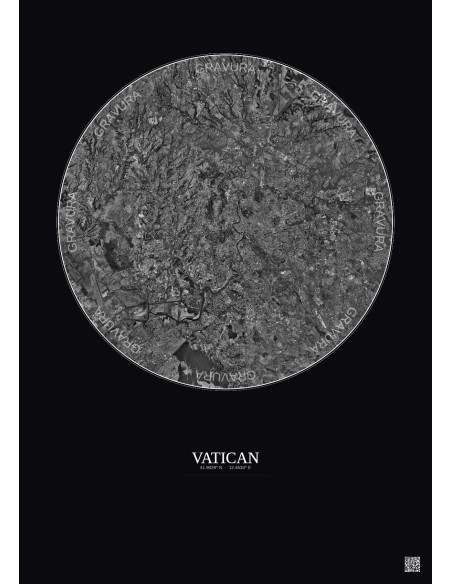 Affiche Vatican – Poster vue satellite 20km N&B | Gravura – Fond foncé