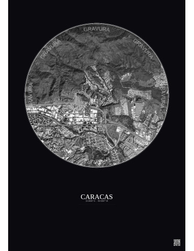 Affiche Caracas – Poster vue satellite 2.5km N&B | Gravura – Fond foncé