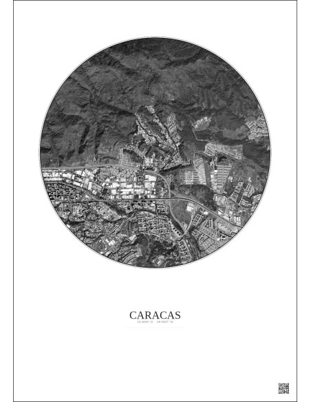 Affiche Caracas – Poster vue satellite 2.5km N&B | Gravura – Fond clair