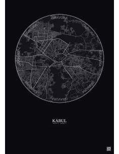 Affiche Kabul – Poster carte de ville 10km | Gravura – Fond foncé