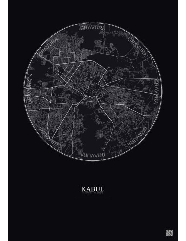 Kabul City Map Poster 10km | Gravura – Dark background