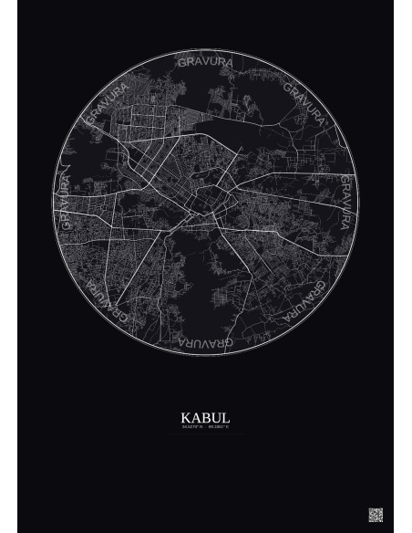 Kabul City Map Poster 10km | Gravura – Dark background
