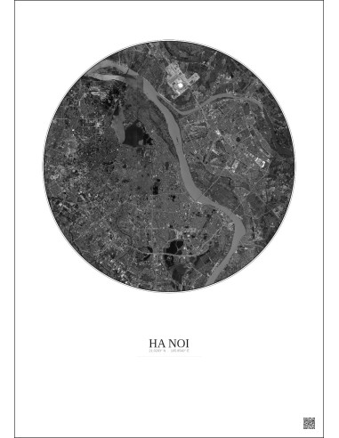 Affiche Ha Noi – Poster vue satellite 10km N&B | Gravura – Fond clair