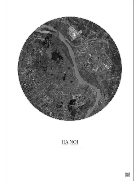 Affiche Ha Noi – Poster vue satellite 10km N&B | Gravura – Fond clair