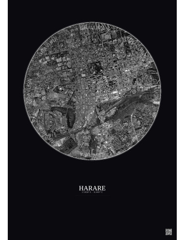 Affiche Harare – Poster vue satellite 2.5km N&B | Gravura – Fond foncé