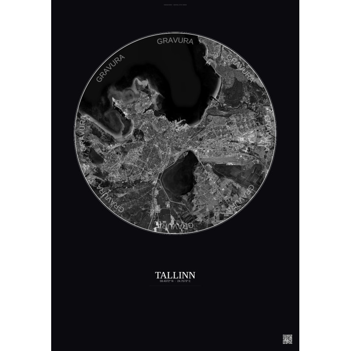 Affiche Tallinn – Poster vue satellite 10km N&B | Gravura – Fond foncé