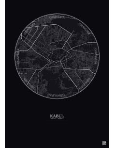 Affiche Kabul – Poster carte de ville 6km | Gravura – Fond foncé