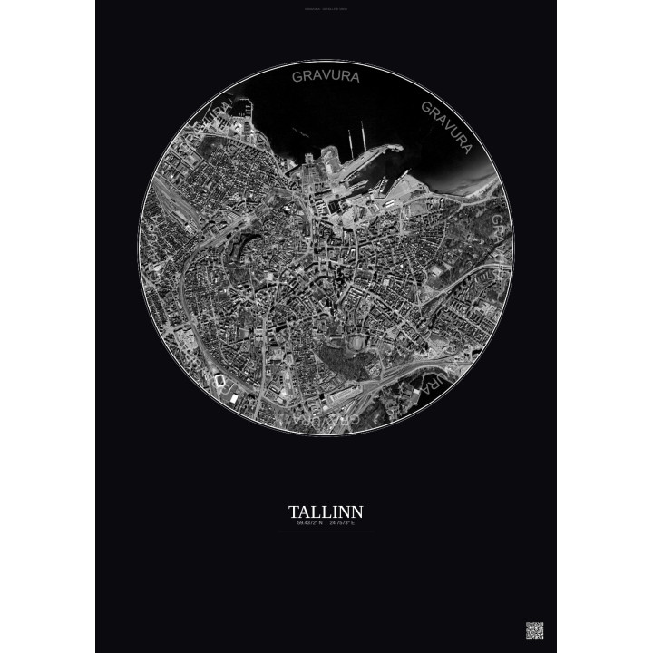 Affiche Tallinn – Poster vue satellite 2.5km N&B | Gravura – Fond foncé