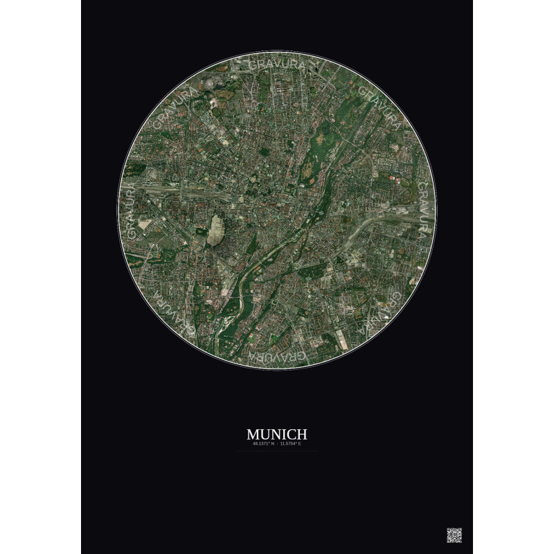 Affiche Munich – Poster vue satellite 5km Couleur | Gravura – Fond foncé