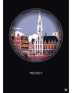 Affiche Brussels – Poster illustration vintage – Grand Place | Gravura – Fond foncé