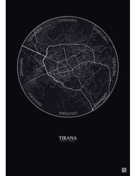 Tirana City Map Poster 6km | Gravura – Dark background