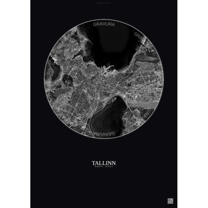 Affiche Tallinn – Poster vue satellite 6km N&B | Gravura – Fond foncé
