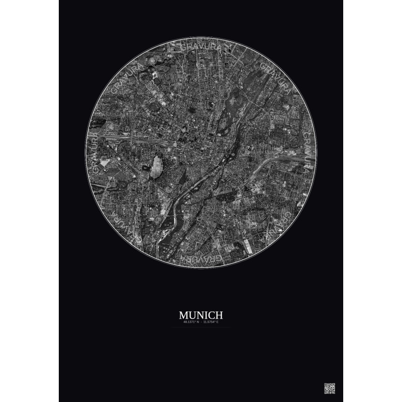 Affiche Munich – Poster vue satellite 5km N&B | Gravura – Fond foncé