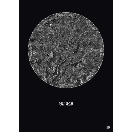 Affiche Munich – Poster vue satellite 5km N&B | Gravura – Fond foncé