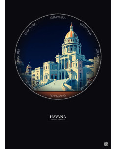Affiche Havana – Poster illustration vintage – El Capitolio | Gravura – Fond foncé